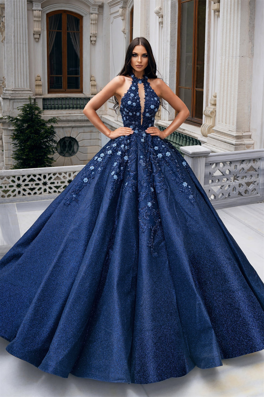 sleeveless navy blue formal dress Navy Blue Long Prom Dress with Gold Sequins main image 1