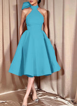 Ball-Gown Halter Sleeveless Satin(Non-Stretch) Homecoming Dresses With Bow(s)-Ballbella