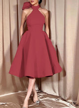 Ball-Gown Halter Sleeveless Satin(Non-Stretch) Homecoming Dresses With Bow(s)-Ballbella
