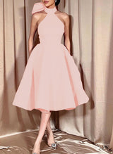 Ball-Gown Halter Sleeveless Satin(Non-Stretch) Homecoming Dresses With Bow(s)-Ballbella