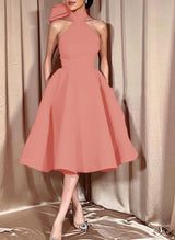 Ball-Gown Halter Sleeveless Satin(Non-Stretch) Homecoming Dresses With Bow(s)-Ballbella