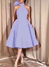 Ball-Gown Halter Sleeveless Satin(Non-Stretch) Homecoming Dresses With Bow(s)-Ballbella