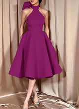 Ball-Gown Halter Sleeveless Satin(Non-Stretch) Homecoming Dresses With Bow(s)-Ballbella