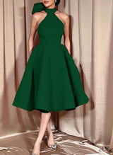 Ball-Gown Halter Sleeveless Satin(Non-Stretch) Homecoming Dresses With Bow(s)-Ballbella