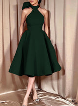 Ball-Gown Halter Sleeveless Satin(Non-Stretch) Homecoming Dresses With Bow(s)-Ballbella