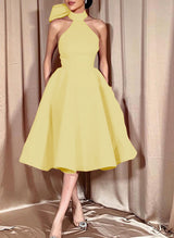 Ball-Gown Halter Sleeveless Satin(Non-Stretch) Homecoming Dresses With Bow(s)-Ballbella