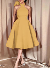 Ball-Gown Halter Sleeveless Satin(Non-Stretch) Homecoming Dresses With Bow(s)-Ballbella