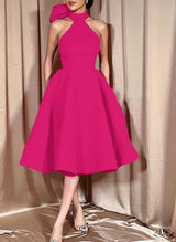 Ball-Gown Halter Sleeveless Satin(Non-Stretch) Homecoming Dresses With Bow(s)-Ballbella