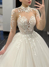 Ball-Gown Illusion Neck Long Sleeves Court Train Lace Tulle Wedding Dresses-Ballbella