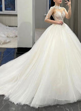 Ball-Gown Illusion Neck Long Sleeves Court Train Lace Tulle Wedding Dresses-Ballbella