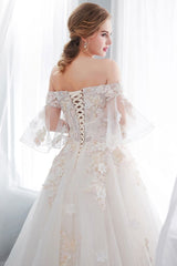 Ball Gown Off the shoulder Floor Length Appliques Tulle Wedding Dresses-Ballbella