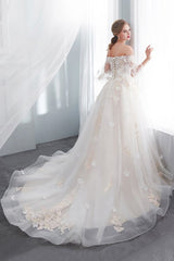 Ball Gown Off the shoulder Floor Length Appliques Tulle Wedding Dresses-Ballbella