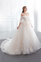 Ball Gown Off the shoulder Floor Length Appliques Tulle Wedding Dresses-Ballbella