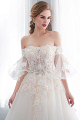 Ball Gown Off the shoulder Floor Length Appliques Tulle Wedding Dresses-Ballbella