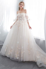 Ball Gown Off the shoulder Floor Length Appliques Tulle Wedding Dresses-Ballbella