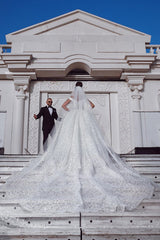 Ball Gown Off-the-shoulder Floor Length Tulle Lace Applique Crochet Flower Wedding Dress-Ballbella