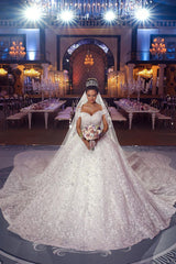 Ball Gown Off-the-shoulder Floor Length Tulle Lace Applique Crochet Flower Wedding Dress-Ballbella