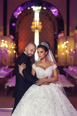 Ball Gown Off-the-shoulder Floor Length Tulle Lace Applique Crochet Flower Wedding Dress-Ballbella