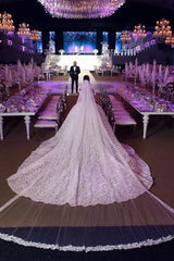 Ball Gown Off-the-shoulder Floor Length Tulle Lace Applique Crochet Flower Wedding Dress-Ballbella