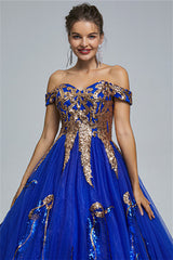 Ball Gown Off-the-shoulder Sweetheart Tulle Applique Floor-length Backless Prom Dress-Ballbella