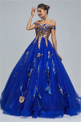 Ball Gown Off-the-shoulder Sweetheart Tulle Applique Floor-length Backless Prom Dress-Ballbella