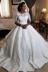 Ball Gown Round Collar Long Sleeves Floor Length Charmeuse Crochet Flower Wedding Dress-Ballbella