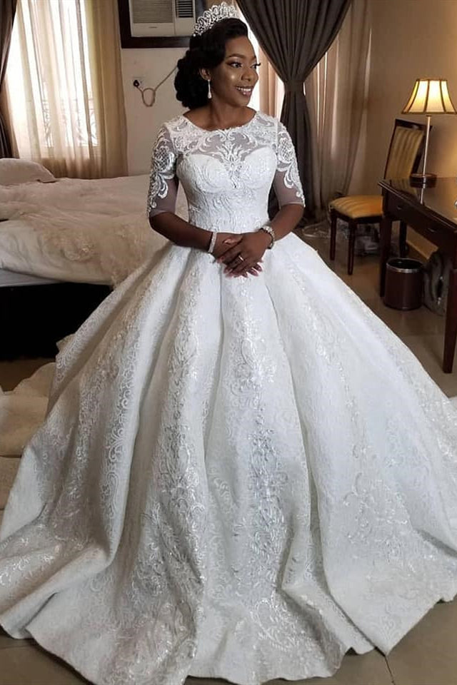 Ball Gown Round Collar Long Sleeves Floor Length Charmeuse Crochet Flower Wedding Dress Ball Gown Round Collar Long Sleeves Floor Length Charmeuse Crochet Flower Wedding Dress