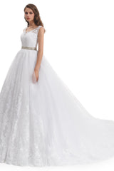 Ball Gown Round Sequined Floor-length Sleeveless Open Back Appliques Lace Wedding Dress-Ballbella