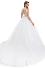 Ball Gown Round Sequined Floor-length Sleeveless Open Back Appliques Lace Wedding Dress-Ballbella