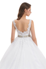Ball Gown Round Sequined Floor-length Sleeveless Open Back Appliques Lace Wedding Dress-Ballbella