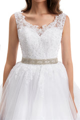 Ball Gown Round Sequined Floor-length Sleeveless Open Back Appliques Lace Wedding Dress-Ballbella