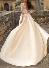 Ball-Gown Satin Wedding Dresses Stunning Lace Sleeves-Ballbella