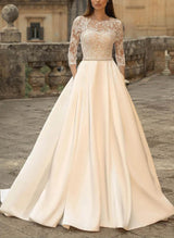 Ball-Gown Satin Wedding Dresses Stunning Lace Sleeves-Ballbella