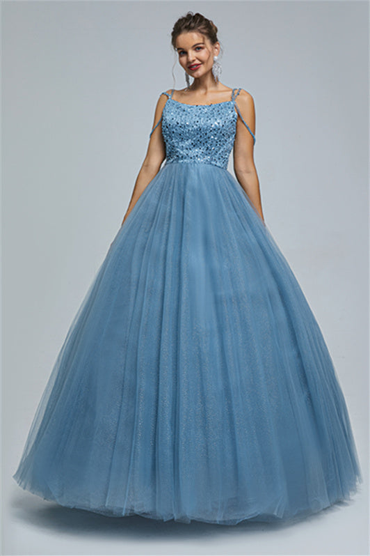 Ball Gown Spaghetti Strap Square Neckline Beading Tulle Ankle Length Open Back Beautiful Prom Dress Ball Gown Spaghetti Strap Square Neckline Beading Tulle Ankle Length Open Back Beautiful Prom Dress