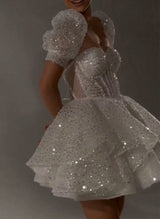 Ball-Gown Sweetheart Short Sleeves Sequined(Non-Stretch) Homecoming Dresses-Ballbella