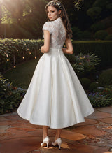 Ball-Gown V-Neck Short Sleeves Tea-Length Lace Satin Wedding Dresses-Ballbella