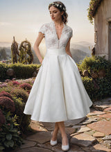 Ball-Gown V-Neck Short Sleeves Tea-Length Lace Satin Wedding Dresses-Ballbella