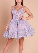 Ball-Gown V-Neck Sleeveless Short/Mini Lace/Tulle Homecoming Dresses-Ballbella