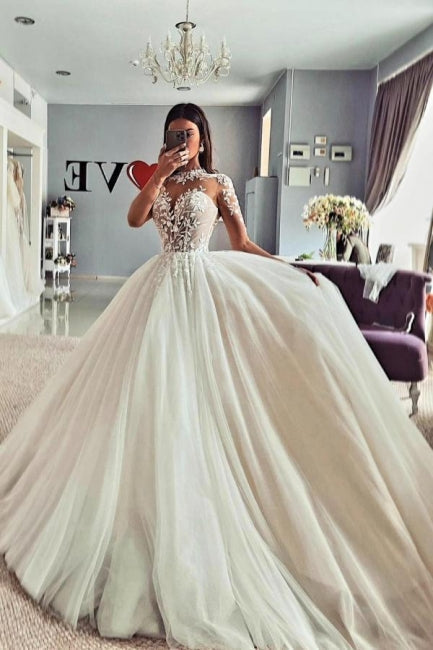 Ballbella Chic Jewel Lace Tulle Wedding Gowns With Long Sleeves Ballbella Chic Jewel Lace Tulle Wedding Gowns With Long Sleeves