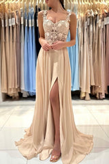 Ballbella Chic Lace Sleeveless Prom Dress With Slit Long Champagne-Ballbella