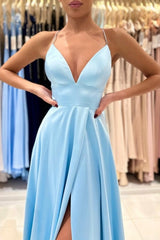 Ballbella Chic V-neck Sleeveless Satin Evening Dress With Slit Long Blue-Ballbella