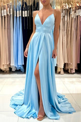 Ballbella Chic V-neck Sleeveless Satin Evening Dress With Slit Long Blue-Ballbella