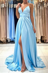Ballbella Chic V-neck Sleeveless Satin Evening Dress With Slit Long Blue-Ballbella
