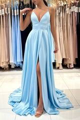 Ballbella Chic V-neck Sleeveless Satin Evening Dress With Slit Long Blue-Ballbella