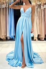 Ballbella Chic V-neck Sleeveless Satin Evening Dress With Slit Long Blue-Ballbella