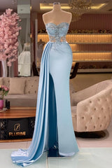 Ballbella Column Slit Front Long Sweetheart Strapless Sleeveless Sky Blue Ruffle Stain Evening Dress with Beadings-Ballbella