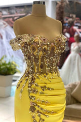 Ballbella Column Yellow Sleeveless Off-The-Shoulder Stain Long Sweetheart Evening Dress with Beadings-Ballbella