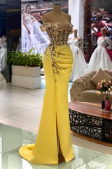 Ballbella Column Yellow Sleeveless Off-The-Shoulder Stain Long Sweetheart Evening Dress with Beadings-Ballbella