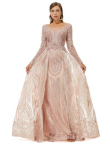 Ballbella Design | Champange Sparkle Beaded Long Sleeves Prom Dresses with Overskirt-Ballbella