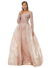 Ballbella Design | Champange Sparkle Beaded Long Sleeves Prom Dresses with Overskirt-Ballbella